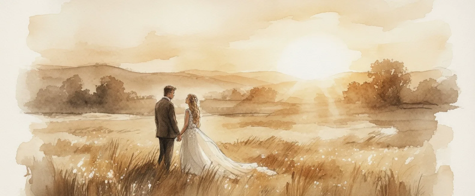 Brautpaar im goldenen Licht bei Sonnenuntergang — Aquarellillustration